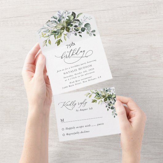 Greenery, Eucalyptus Leaves, Boho, Birthday All In One Einladung (Abreißen)