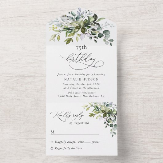 Greenery, Eucalyptus Leaves, Boho, Birthday All In One Einladung (Innen Boden)