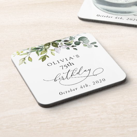 Greenery, Eucalyptus Leaves, Boho, Birthday Getränkeuntersetzer (Linke Seite)