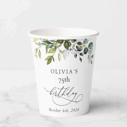 Greenery, Eucalyptus Leaves, Boho, Birthday Pappbecher (Rückseite)