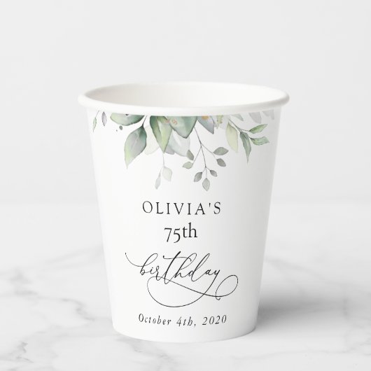 Greenery, Eucalyptus Leaves, Boho, Birthday Pappbecher (Vorderseite)