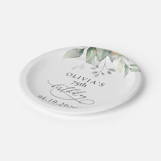 Greenery, Eucalyptus Leaves, Boho, Birthday Pappteller (Schrägansicht)