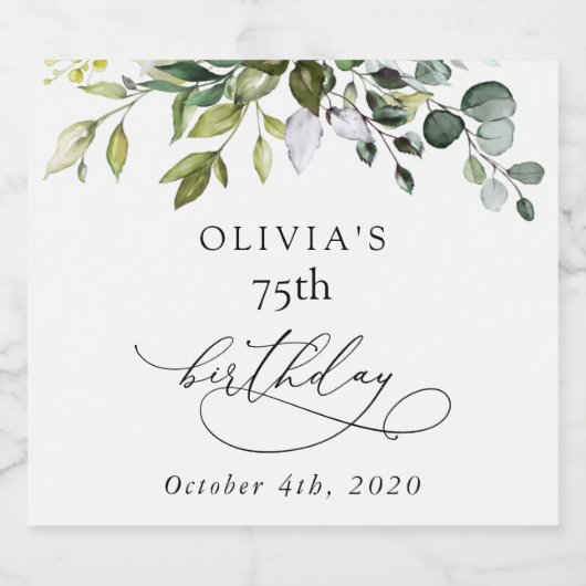 Greenery, Eucalyptus Leaves, Boho, Birthday Schaumweinetikett (Einzelnes Label)