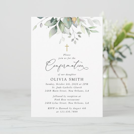 Greenery, Eucalyptus Leaves, Boho, Confirmation Einladung (Stehend Vorderseite)