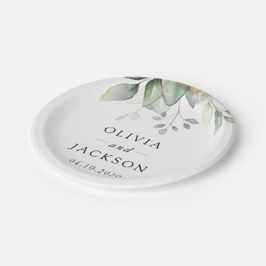 Greenery, Eucalyptus Leaves, Botanical Wedding Pappteller (Schrägansicht)