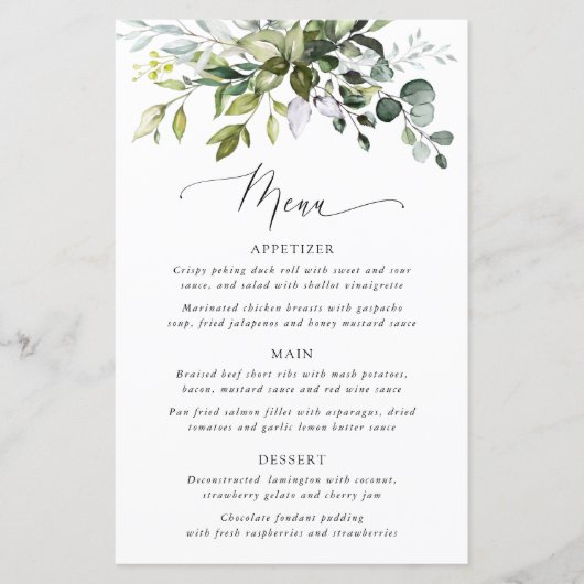 Greenery, Eucalyptus Leaves, Bridal Shower Menu (Vorderseite)
