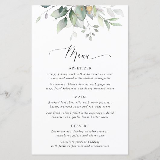 Greenery, Eucalyptus Leaves, Bridal Shower Menu (Vorderseite)