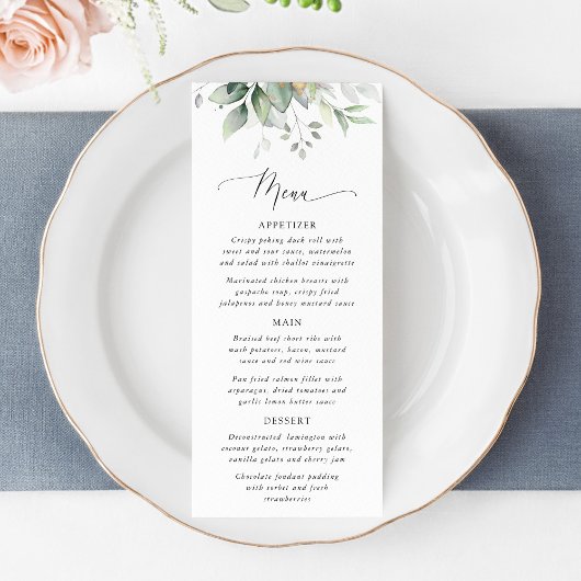 Greenery, Eucalyptus Leaves, Bridal Shower Menu Menükarte