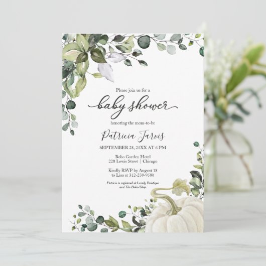 Greenery Eucalyptus Pumpkin Fall Baby Shower Einladung (Stehend Vorderseite)