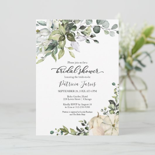 Greenery Eucalyptus Pumpkin Fall Brautparty Einladung (Stehend Vorderseite)