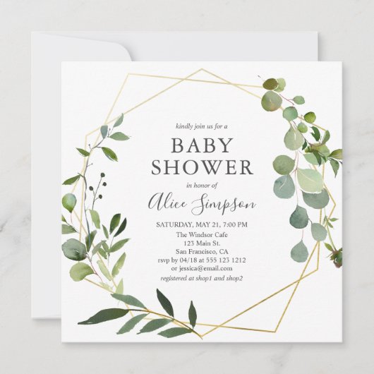 Greenery Eucalyptus Script Baby Shower Einladung (Vorderseite)
