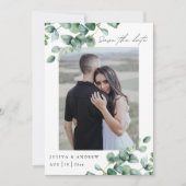 Greenery Eucalyptus script Foto QR Code Save The Date (Vorderseite)