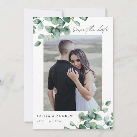 Greenery Eucalyptus script Foto QR Code Save The Date (Vorderseite)