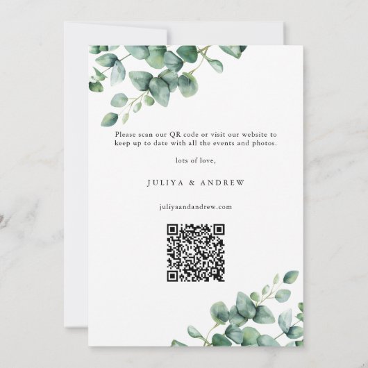 Greenery Eucalyptus script Foto QR Code Save The Date (Rückseite)