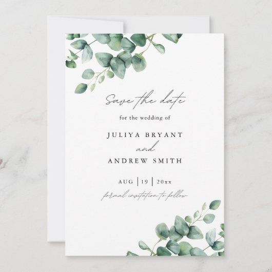 Greenery Eucalyptus script-Foto Save The Date (Vorderseite)