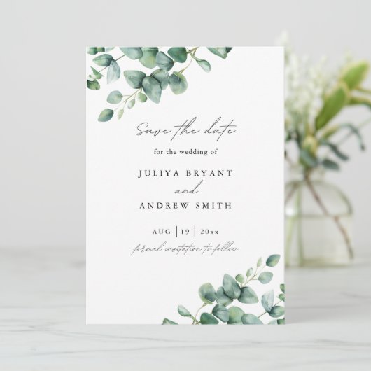 Greenery Eucalyptus script-Foto Save The Date (Stehend Vorderseite)