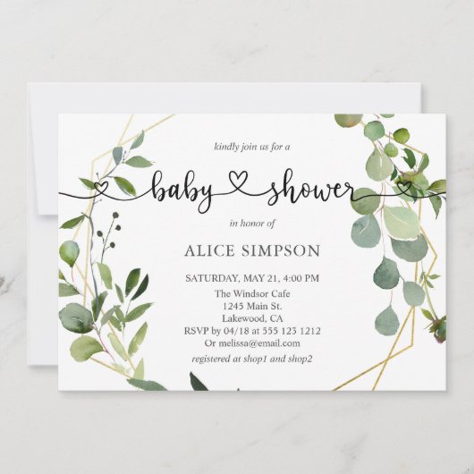 Greenery Eucalyptus Script Heart Baby Shower Einladung (Vorderseite)