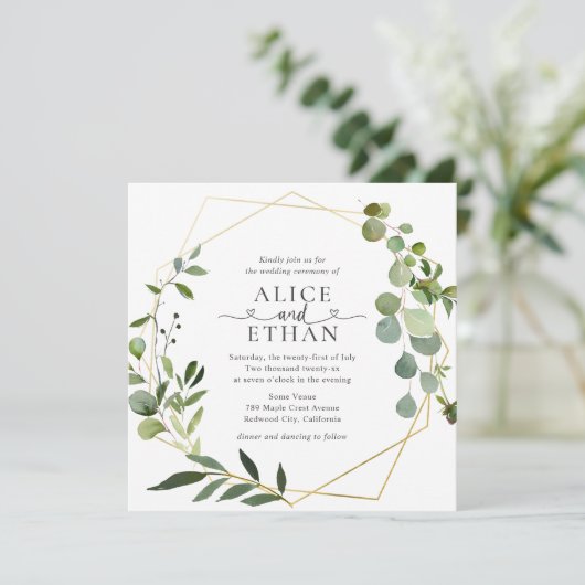 Greenery Eucalyptus Script Heart Wedding Einladung (Stehend Vorderseite)