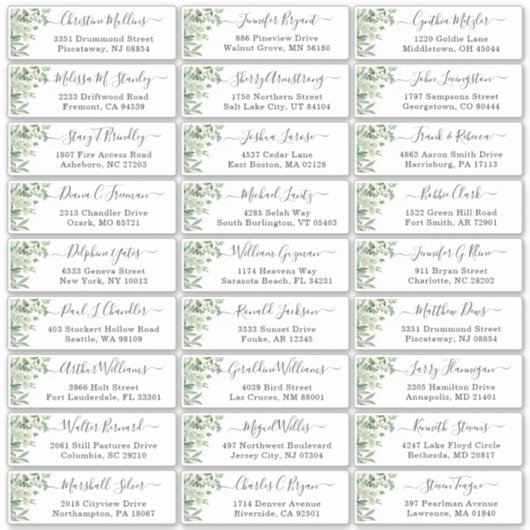 Greenery Eucalyptus Script Wedding Guest Address Aufkleber (Vorderseite)