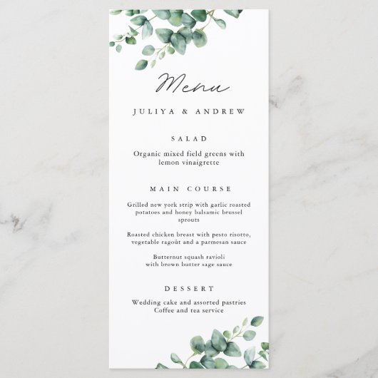 Greenery Eucalyptus script Wedding Menu Karte (Vorderseite)