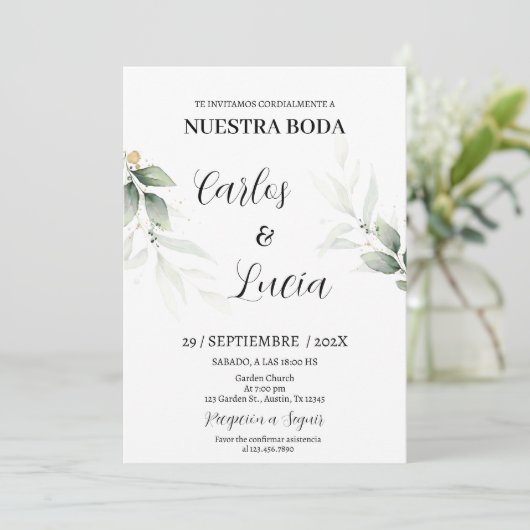 Greenery Eucalyptus Spanish Wedding Einladung (Stehend Vorderseite)