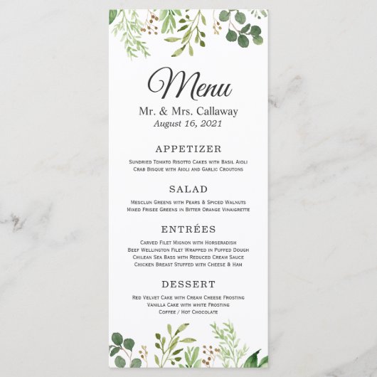 Greenery Eucalyptus Verlasst Elegante Chic Wedding Menükarte (Vorderseite)