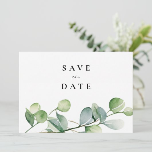 Greenery Eucalyptus Watercolor Save The Date (Stehend Vorderseite)