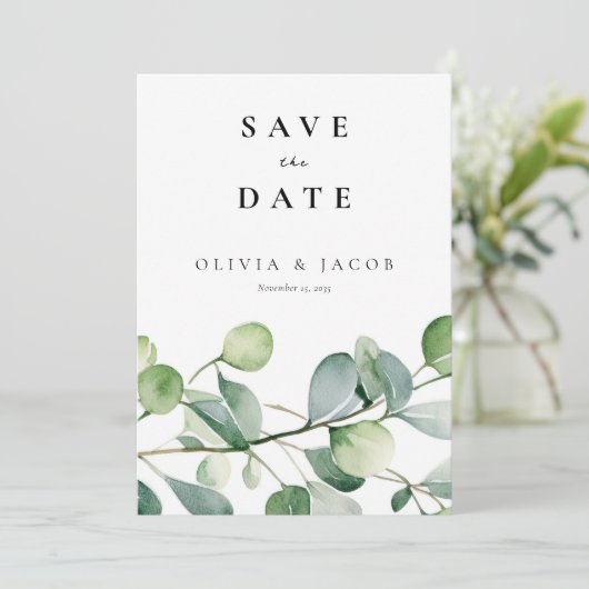 Greenery Eucalyptus Watercolor Save The Date (Stehend Vorderseite)
