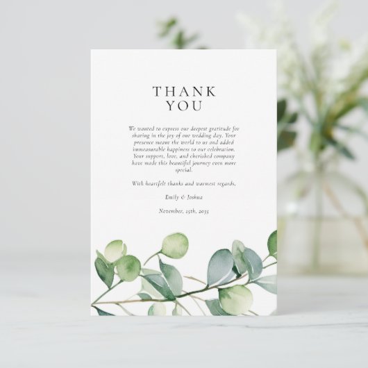 Greenery Eucalyptus Watercolor Wedding Dankeskarte (Stehend Vorderseite)