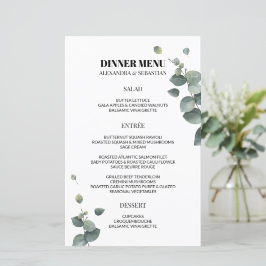 Greenery Eucalyptus Wedding Dinner Menu (Stehend Vorderseite)