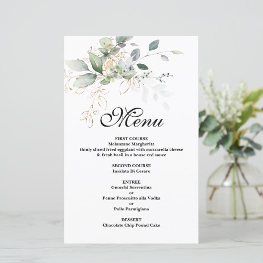 Greenery Eucalyptus wedding Menu Karte (Stehend Vorderseite)