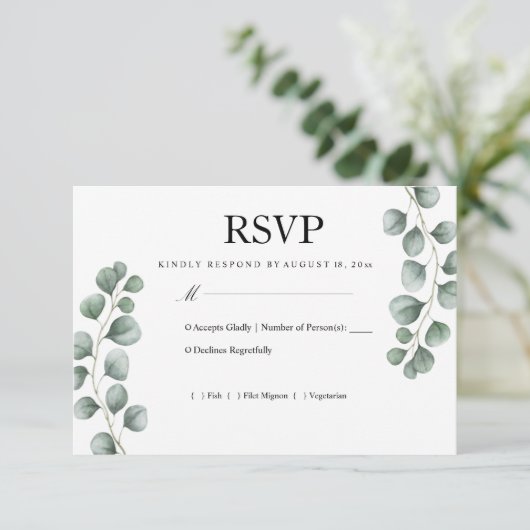 Greenery Eucalyptus Wedding RSVP Karte (Stehend Vorderseite)