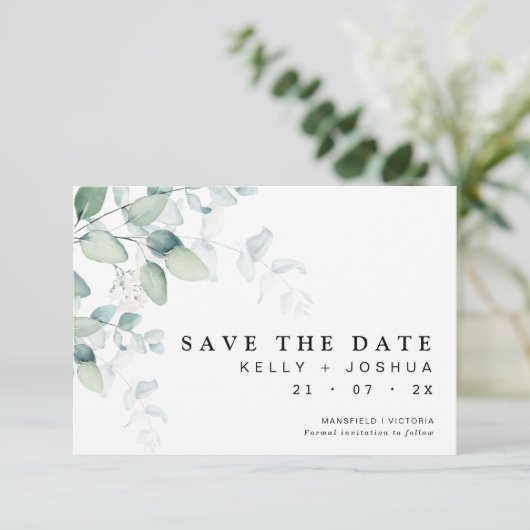 Greenery Eucalyptus Wedding speichert die Datumska Einladung (Stehend Vorderseite)