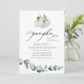 Greenery Eucalyptus White Pumpkin Boho Baby Shower Einladung (Stehend Vorderseite)