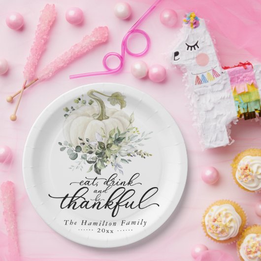 Greenery Eucalyptus White Pumpkin Erntedank Pappteller (Party)