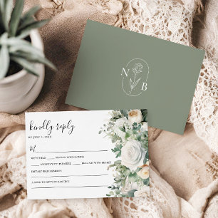 Greenery Eucalyptus White Rose Elegant Wedding RSVP Karte