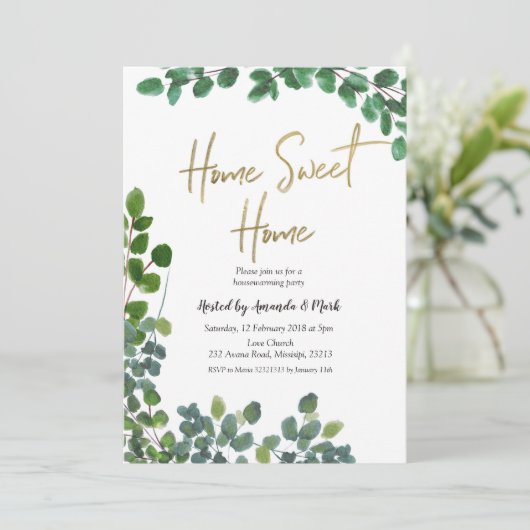 Greenery Eucalyptus Wreath Housewarming Party Einladung (Stehend Vorderseite)