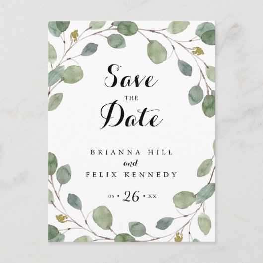 Greenery Eucalyptus Wreath Save the Date Postkarte (Vorderseite)
