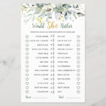 Greenery Eucalyptus würde sie eher Bridal Game Flyer<br><div class="desc">Würde sie eher Brautparty spielen. Dieses Design zeigt eine Aquarellbilder von grünen Blattwerk und Eukalyptus-Blätter mit grünlicher und goldener Wirkung Confetti</div>