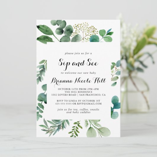 Greenery Eukalyptus Calligraphy Sip and See Einladung (Stehend Vorderseite)