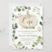 Greenery Fall White Pumpkin 1. Geburtstag Einladung (Vorderseite)