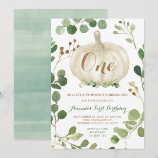 Greenery Fall White Pumpkin 1. Geburtstag Einladung