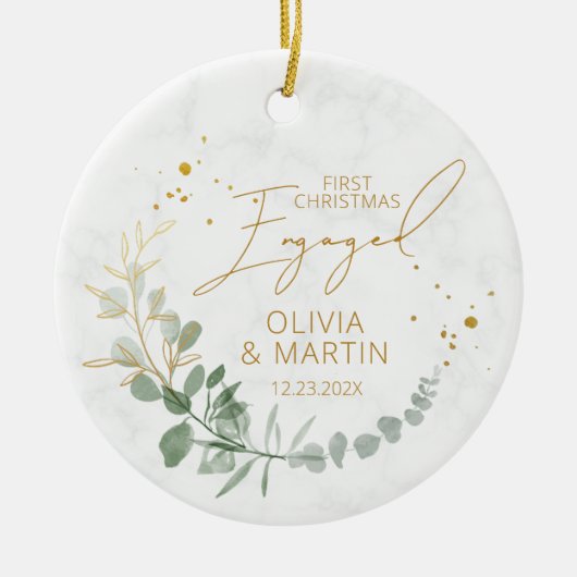 Greenery First Christmas Verlobt Elegant Keramik Ornament (Vorne)