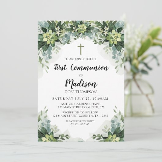 Greenery First Communion Invitation Einladung (Stehend Vorderseite)