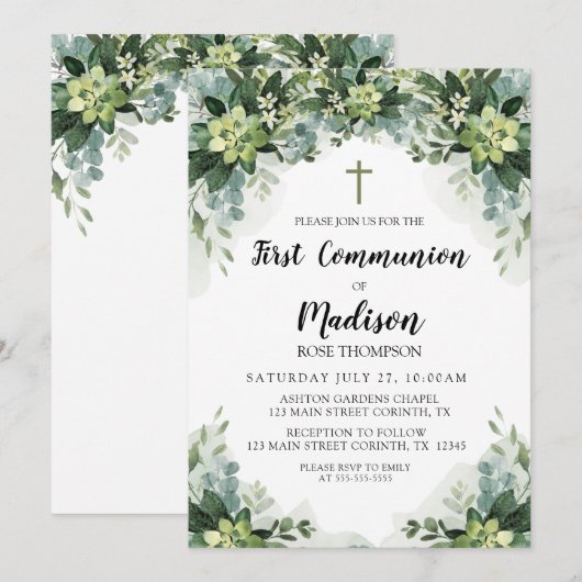 Greenery First Communion Invitation Einladung (Vorne/Hinten)