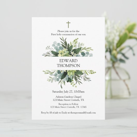 Greenery First Communion Invitation Einladung (Stehend Vorderseite)