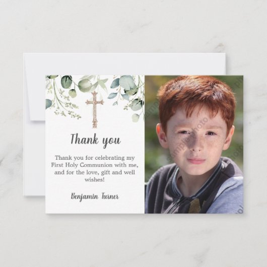 Greenery First Holy Communion Danke Karte (Vorderseite)