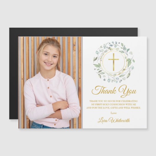 Greenery First Holy Communion Foto Vielen Dank Magnetkarte (Vorne/Hinten)