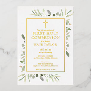 Greenery First Holy Communion Gold Folieneinladung