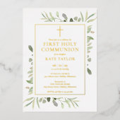 Greenery First Holy Communion Gold Folieneinladung (Vorderseite)